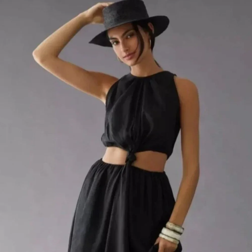 NWOT Faithfull The Brand Zeta Linen A Line Cut-out Midi Dress in Black S $329 - Picture 2 of 12